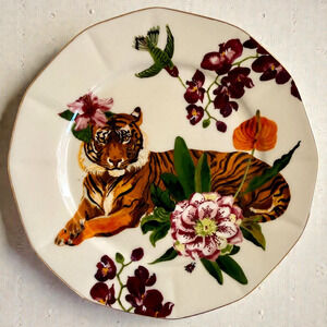 Anthropologie Nathalie Lete Titania Tiger Dessert Plate Orchid Hummingbird HTF